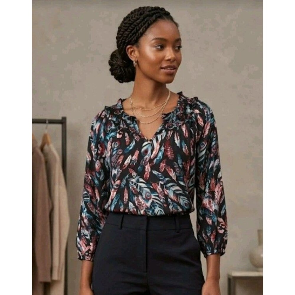 Talbots Blouse Petite SP Blue Feathers Design V Neck Cotton